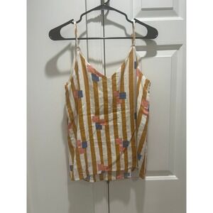 Entro Tank Mustard Yellow White Striped Geometric Linen Blend Tank S